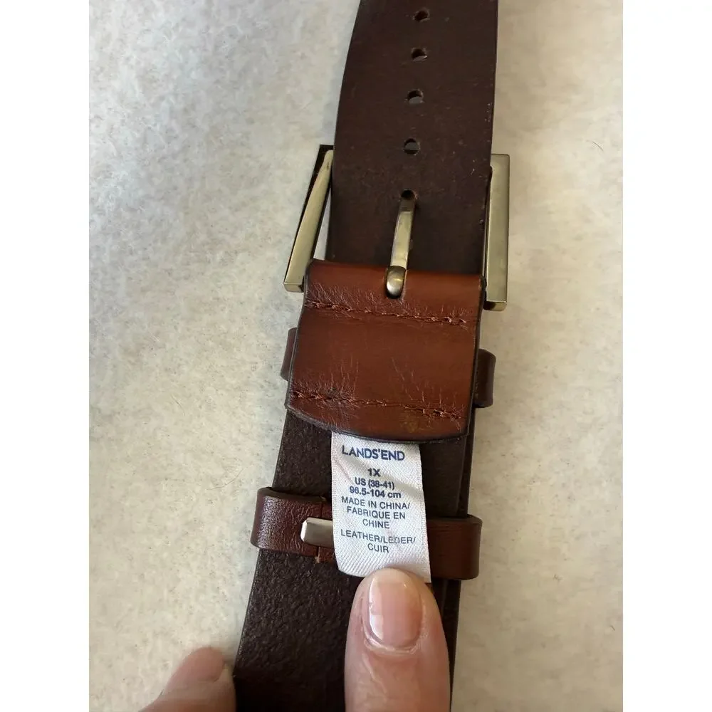 Lands End Classic Brown Leather Belt Size 1X Multi Hole Gold Buckle